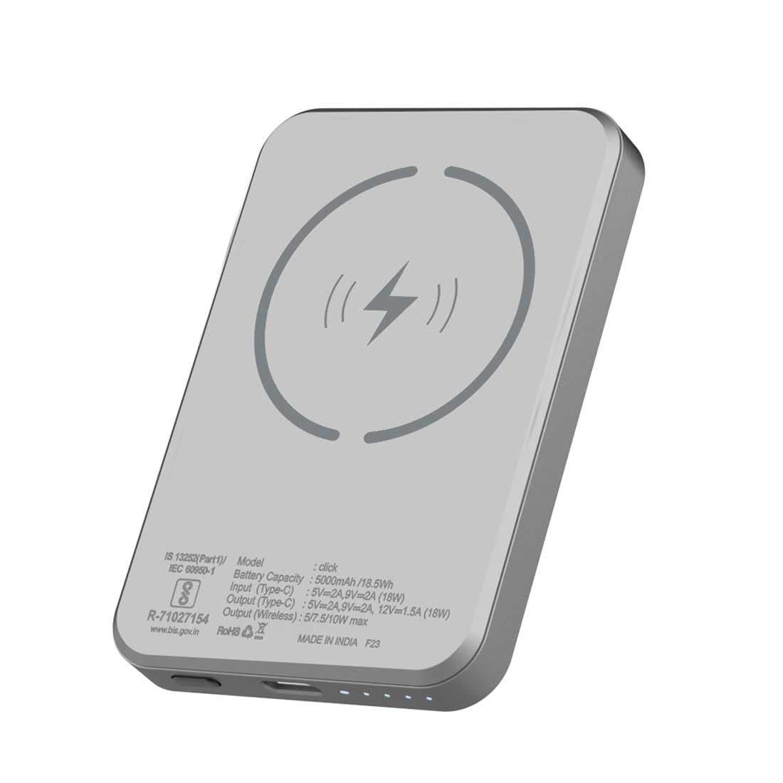 Stuffcool Click 5000mAh Power Bank Made in India Magnetic Wireless Powerbank with 18W PD Fast Charing - Grey