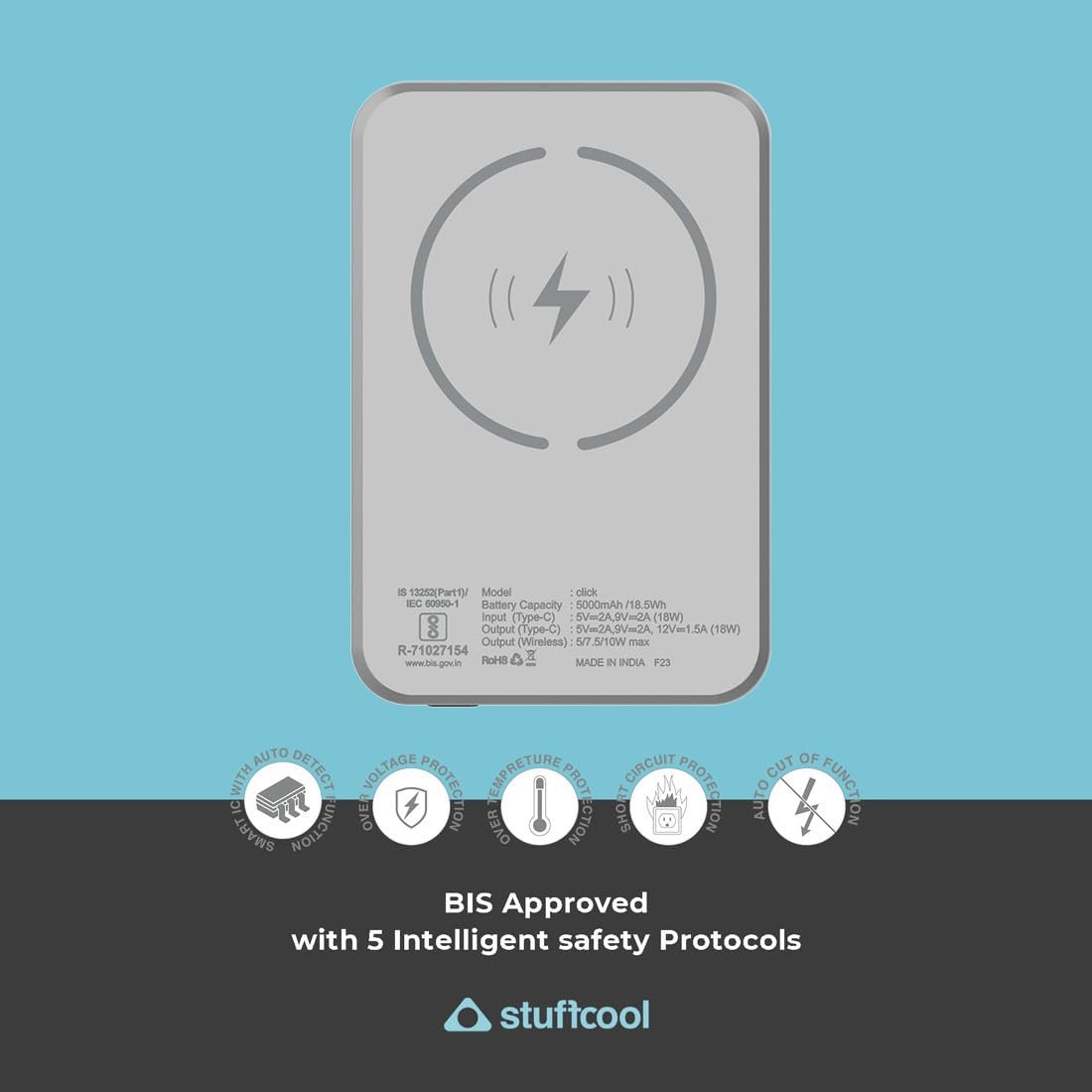 Stuffcool Click 5000mAh Power Bank Made in India Magnetic Wireless Powerbank with 18W PD Fast Charing - Grey - Image 4