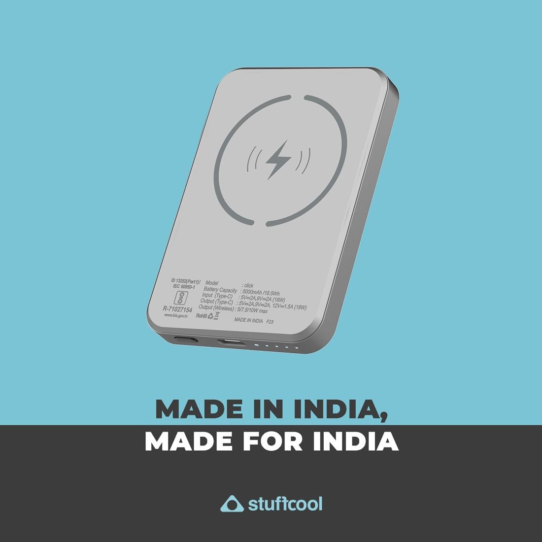Stuffcool Click 5000mAh Power Bank Made in India Magnetic Wireless Powerbank with 18W PD Fast Charing - Grey - Image 3