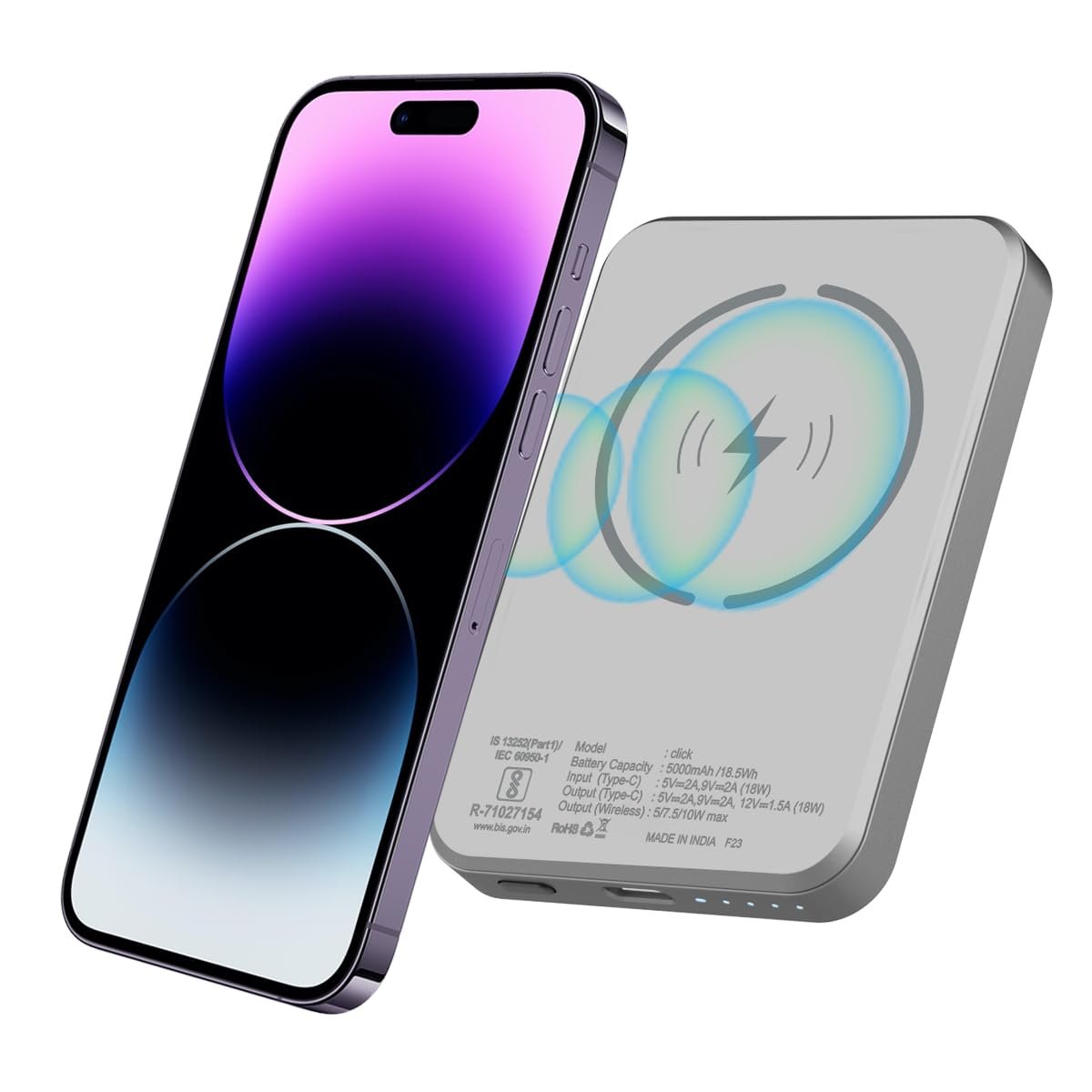 Stuffcool Click 5000mAh Power Bank Made in India Magnetic Wireless Powerbank with 18W PD Fast Charing - Grey - Image 5